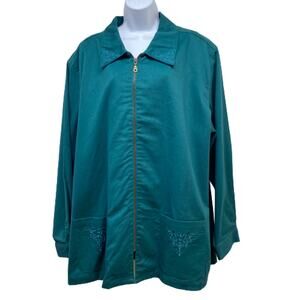 Alfred Dunner Jade Green Cotton Blend Embroidered Zip Jacket Plus Size 24W NWT